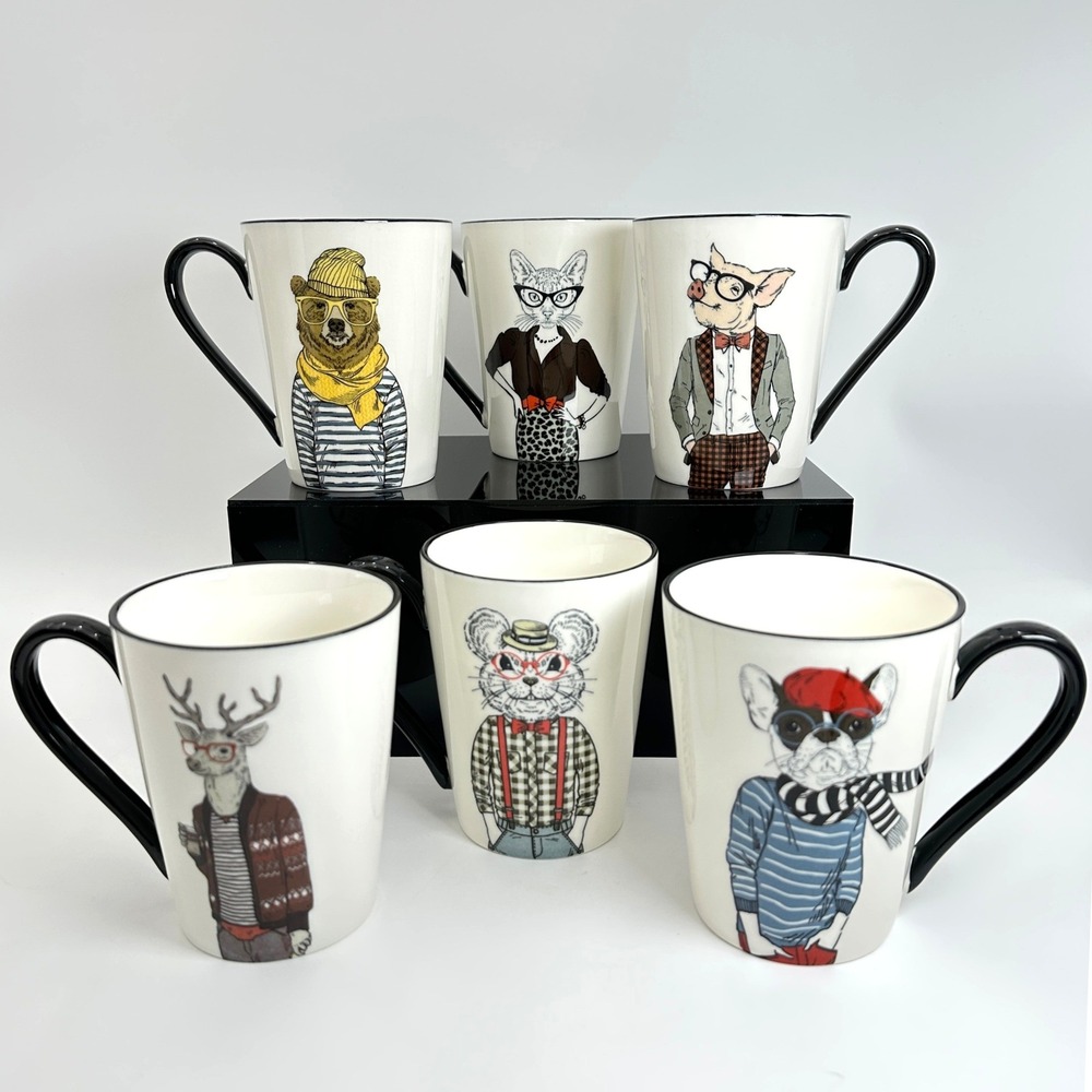 Signature Housewares Hipster Animal Mug Set 6pc White Stoneware Eclectic Kitchen